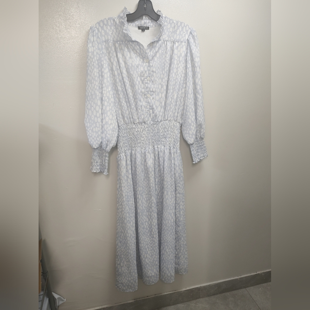 Blue and White Buttoned Sundress with Bishop Sleeves